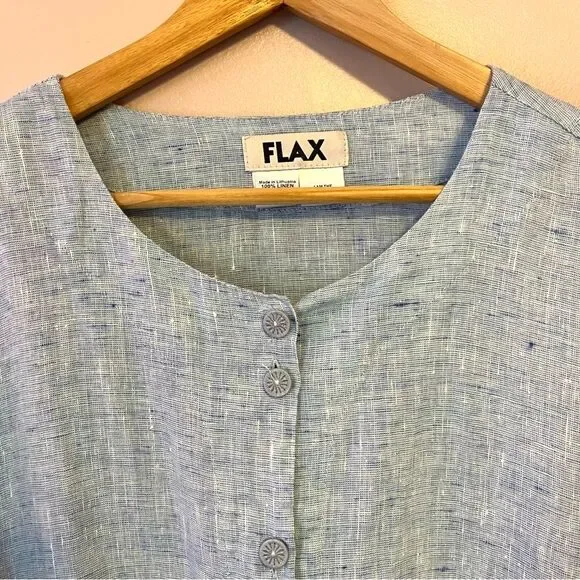 FLAX Linen Medium Carolina Blue Shirt Long Sleeve Button Front Coastal Summer - Picture 3 of 8